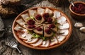 Sliced salted lard and bacon with rye bread, horseradish, spices on plate on rustic wooden background. Appetizer, close up