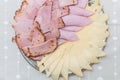 Sliced sausage, ham and cheese on a plate Royalty Free Stock Photo