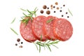 sliced sausage salami with rosemary and peppercorns isolated on white background. top view Royalty Free Stock Photo