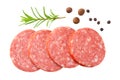 sliced sausage salami with rosemary and peppercorns isolated on white background. top view Royalty Free Stock Photo