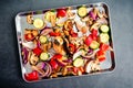 Overhead View of Raw Vegetables Seasoned with Olive Oil and Spices Royalty Free Stock Photo