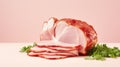 Sliced smoked bacon with parsley on a pink background. Generative AI