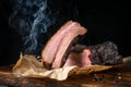 Sliced smoked beef brisket with dark crust from classic Texas BBQ Royalty Free Stock Photo