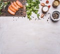 Sliced smoked salmon on a cutting board with parsley, cherry tomatoes, rosemary and pepper border ,place text on wooden rusti