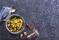 Sliced spiced zucchini with oil, salt and garlic