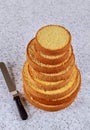 Sliced sponge cake with spatula on table for making wedding cake