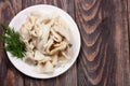 Sliced squid on a plate on a dark wooden background Royalty Free Stock Photo