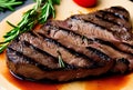 sliced stake on chopping board surface with herbs