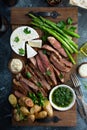 Sliced steak with asparagus and potatoes