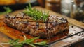 Sliced Steak on Cutting Board With Rosemary Sprig Royalty Free Stock Photo
