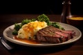 Sliced steak with mashed potatoes and herbs on plate closeup - Ai Generated