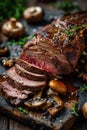 a sliced steak with mushrooms and herbs on a wooden surface