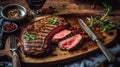 Sliced steak ribeye, grilled with spices served on cutting board. Gourmet food. Generative AI