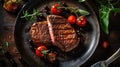 Sliced steak ribeye, grilled with spices served on cutting board. Gourmet food. Generative AI