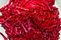 Sliced straw bright red beets. Background of sliced red beets. Royalty Free Stock Photo