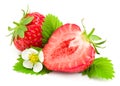 Sliced strawberry with green leaf and flower isolated on white background. clipping path Royalty Free Stock Photo