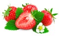 Sliced strawberry with green leaf and flower isolated on white background. clipping path Royalty Free Stock Photo