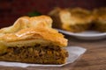 Sliced succulent meat pie with mushrooms and meat