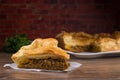Sliced succulent meat pie with mushrooms and meat