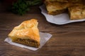 Sliced succulent meat pie with mushrooms and meat