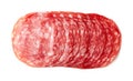 Sliced summer sausage on white background