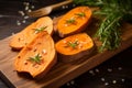 Sliced sweet potatoes with greenery on wooden tray. Generative AI