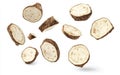 Sliced taro root pieces suspended in air Generative AI