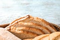 Sliced tasty bread in basket, closeup Royalty Free Stock Photo