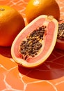 Colorful papaya orange tropical fresh food ripe seeds yellow sliced juicy fruits leaf