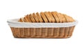 Sliced tasty fresh bread in wicker basket on background Royalty Free Stock Photo