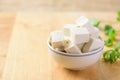 Sliced tofu in bowl for cooking