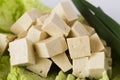 Sliced tofu cubes on plate