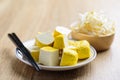 Sliced tofu and fresh mung bean sprout in a bowl