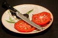 Sliced tomato a serrated knife blade with black handle on a round, ceramic painted print plate Royalty Free Stock Photo