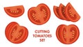 Sliced tomato set. Tomato wedges and slices, halved and thinly sliced for salads and snacks. Flat cartoon vector isolated on white