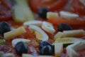 Sliced tomatoes with cheese and olives and cucumber and eggs in slice with salt kristalls