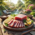 Sliced tuna fish on a flat plate placed on a wooden table in the garden 1