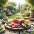 Sliced tuna fish on a flat plate placed on a wooden table in the garden 3