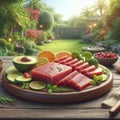 Sliced tuna fish on a flat plate placed on a wooden table in the garden 4
