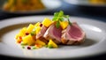 Sliced tuna with mango on a white plate in a restaurant. AI Generative