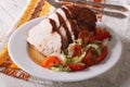 Sliced turkey and fresh vegetables on the plate close-up. horizontal Royalty Free Stock Photo