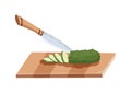 Sliced vegetable. Slicing cucumber by knife. Cutting on wooden board isolated on white background. Prepare to cooking