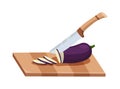 Sliced vegetable. Slicing eggplant by knife. Cutting on wooden board isolated on white background. Prepare to cooking