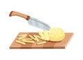 Sliced vegetable. Slicing potato by knife. Cutting on wooden board isolated on white background. Prepare to cooking