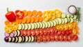Sliced vegetables are meticulously arranged on a white surface Royalty Free Stock Photo