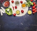 Sliced vegetables on tortilla, Ingredients for cooking burritos border with text area on wooden rustic background top view horizon