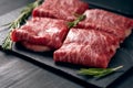 Sliced wagyu marbled beef for yakiniku on plate on black background, Premium Japanese meat