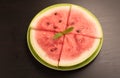 Sliced watermelon arranged in a green plate on black background. Royalty Free Stock Photo