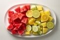 Sliced watermelon, juicy pineapple chunks, and citrus slices, arranged elegantly on a white platter, ideal for advertisements