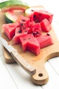 Sliced watermelon on kitchen table Royalty Free Stock Photo